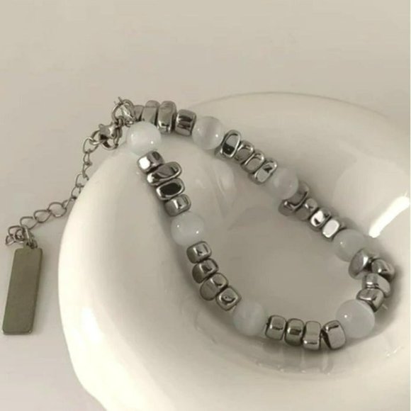 Cats Eye‎ Beaded Bracelet 7in Extendable 2in Stainless Steel Metal NEW - Picture 5 of 6